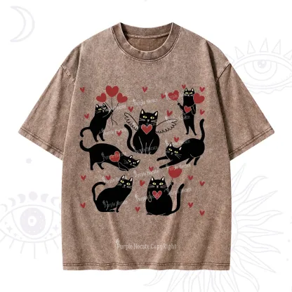 Purplehecate Meowy Valentine's Romantic Cat Valentine Washed T-Shirt