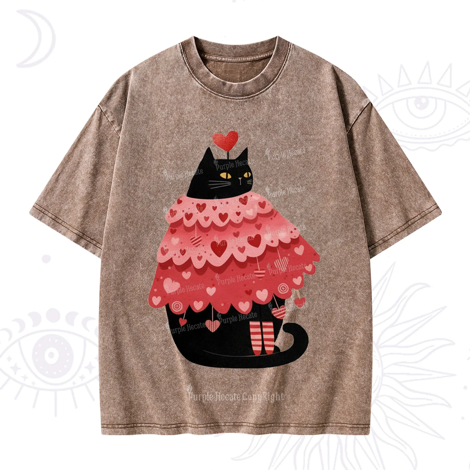 Purplehecate Funny Black Cat in Heart Dress Valentine Washed T-Shirt