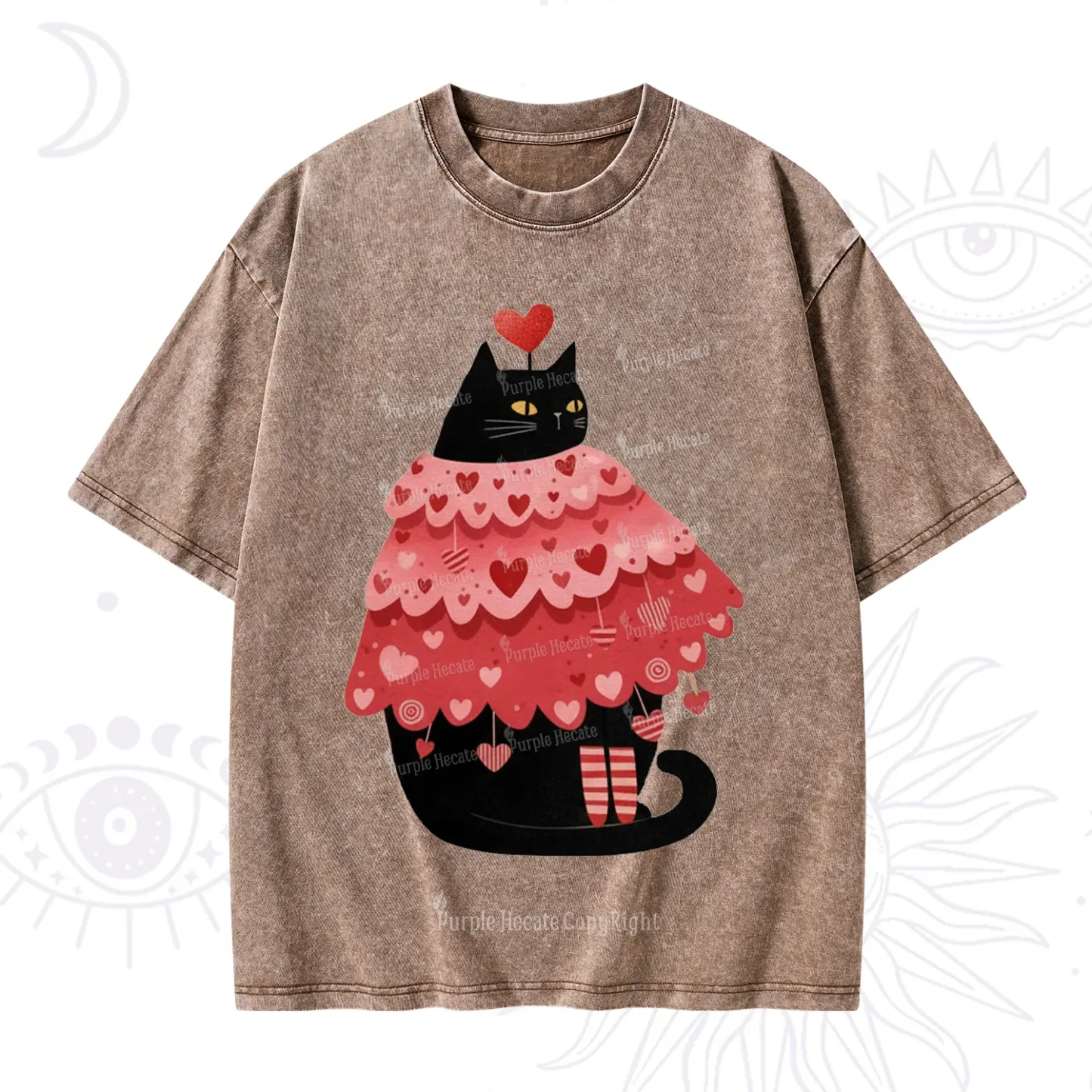Purplehecate Funny Black Cat in Heart Dress Valentine Washed T-Shirt