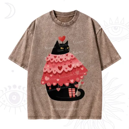 Purplehecate Funny Black Cat in Heart Dress Valentine Washed T-Shirt