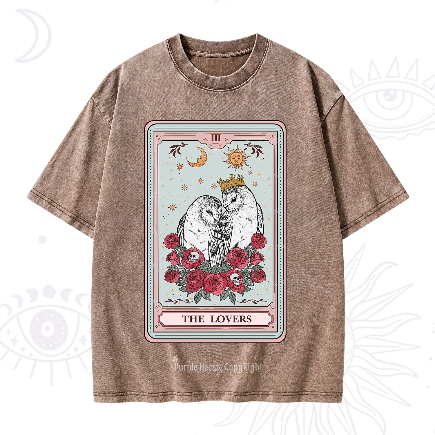Purplehecate The Lovers Owls Tarot Card Washed T-Shirt