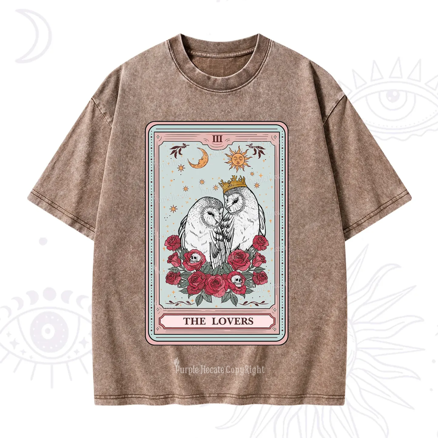Purplehecate The Lovers Owls Tarot Card Washed T-Shirt