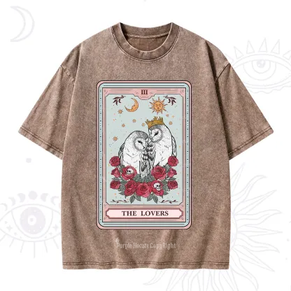 Purplehecate The Lovers Owls Tarot Card Washed T-Shirt