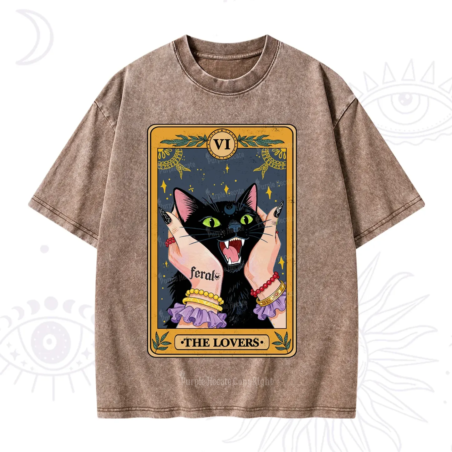 Purplehecate The Lovers Tarot Feral Cat Washed T-Shirt