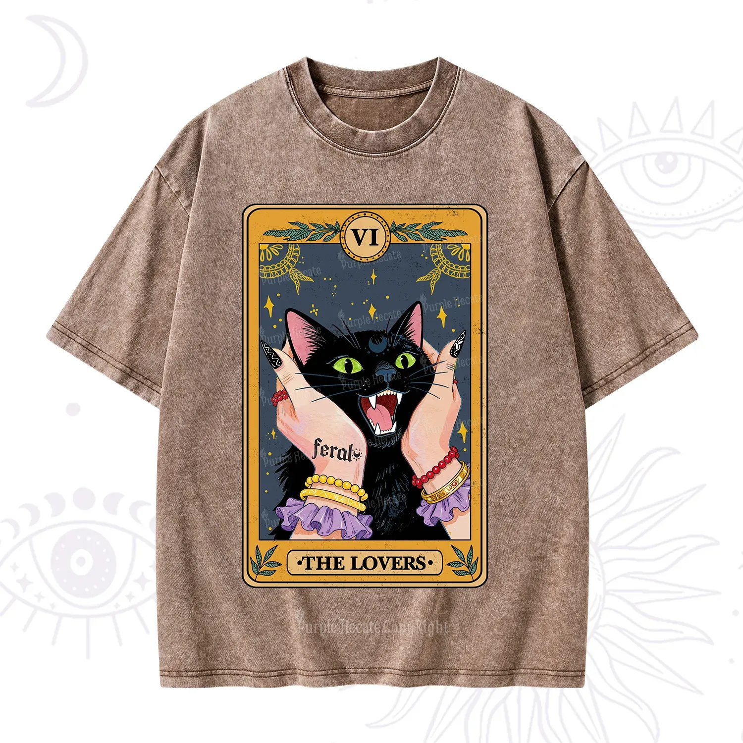 Purplehecate The Lovers Tarot Feral Cat Washed T-Shirt