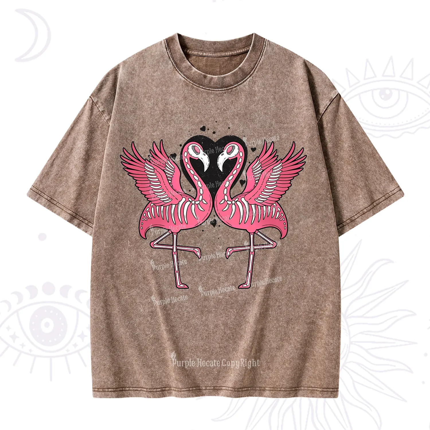 Purplehecate Witchy Pink Flamingo Skull Valentine Washed T-Shirt