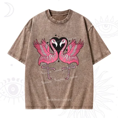 Purplehecate Witchy Pink Flamingo Skull Valentine Washed T-Shirt