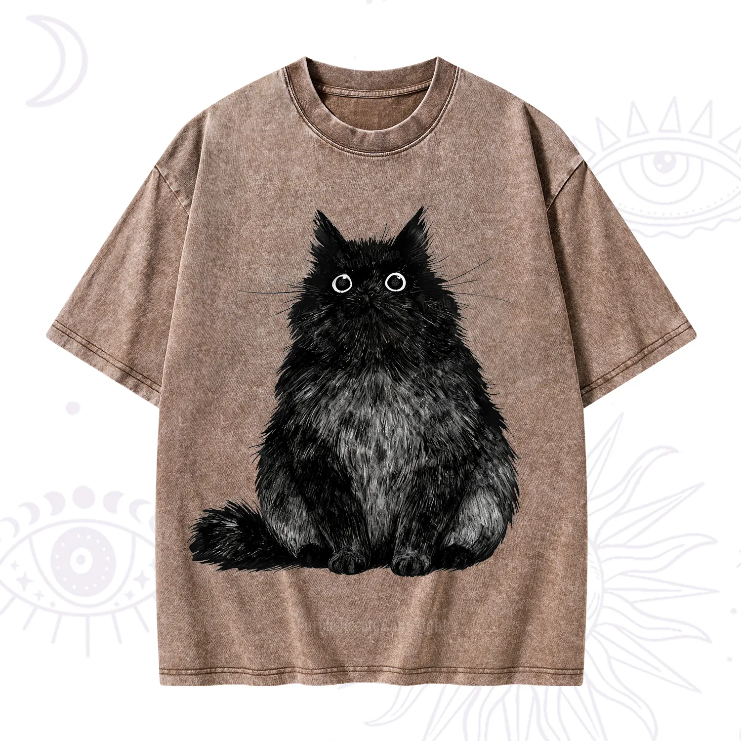 Purplehecate Cute Black Fluffy Cat Washed T-Shirt