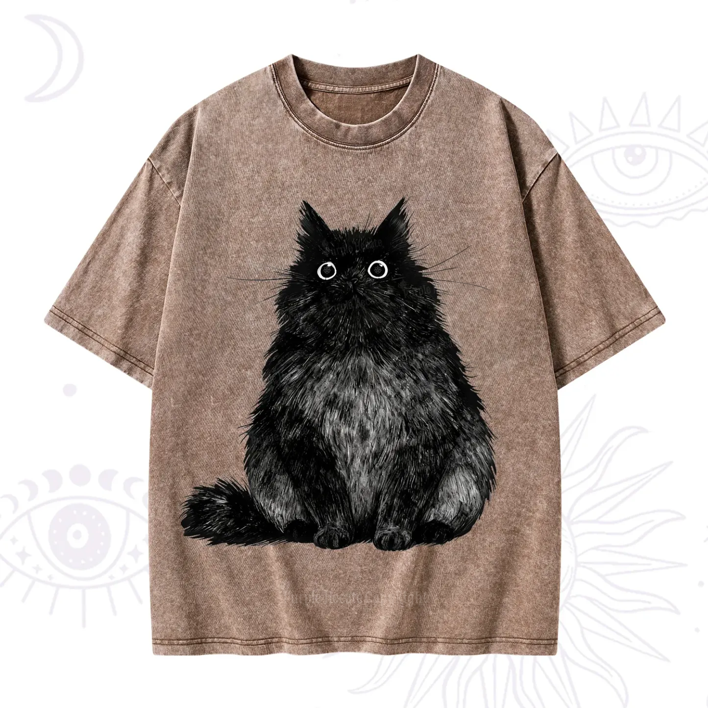 Purplehecate Cute Black Fluffy Cat Washed T-Shirt
