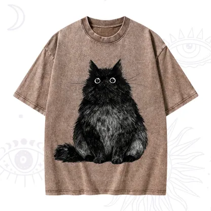 Purplehecate Cute Black Fluffy Cat Washed T-Shirt