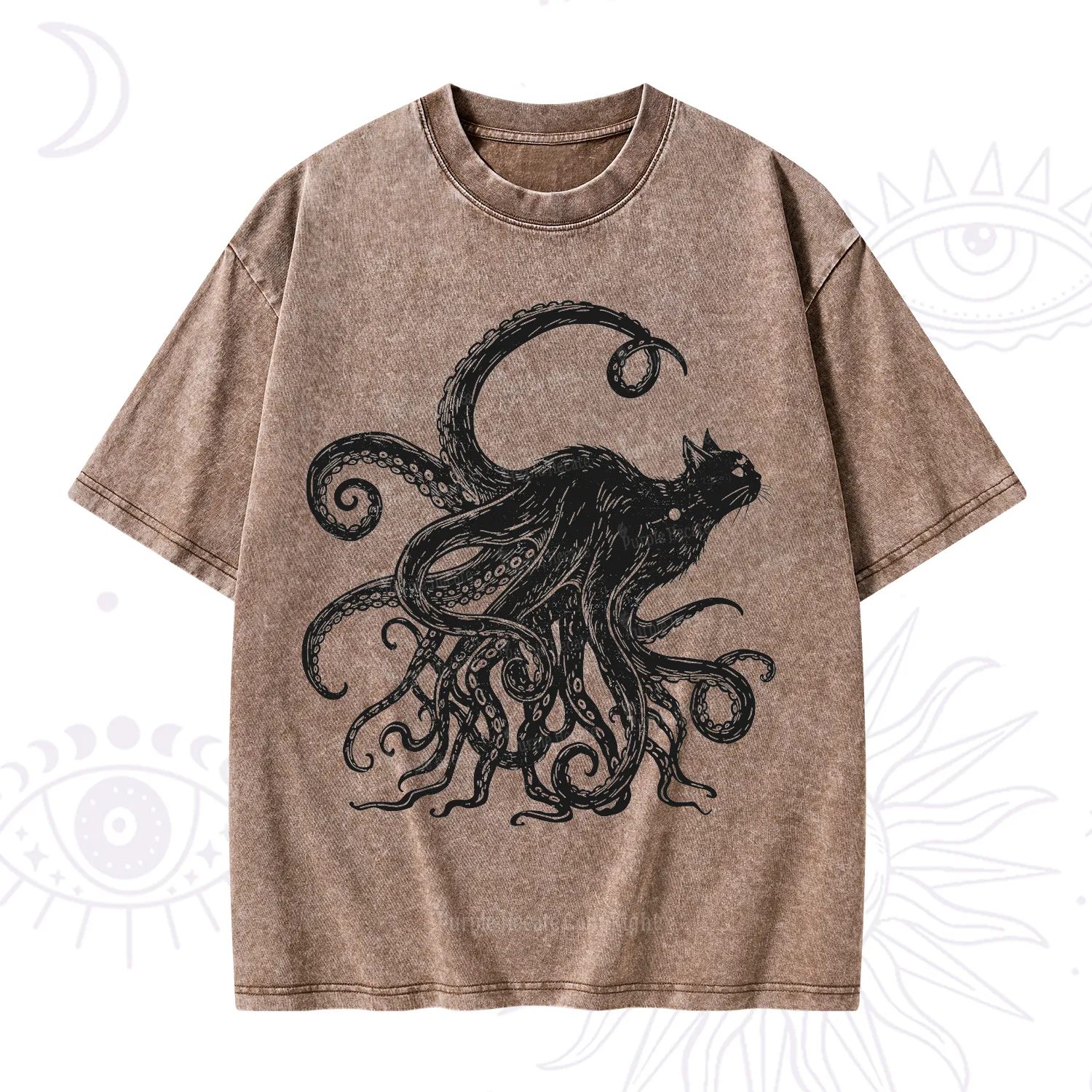 Purplehecate Black Cat with Octopus Tentacles Washed T-Shirt