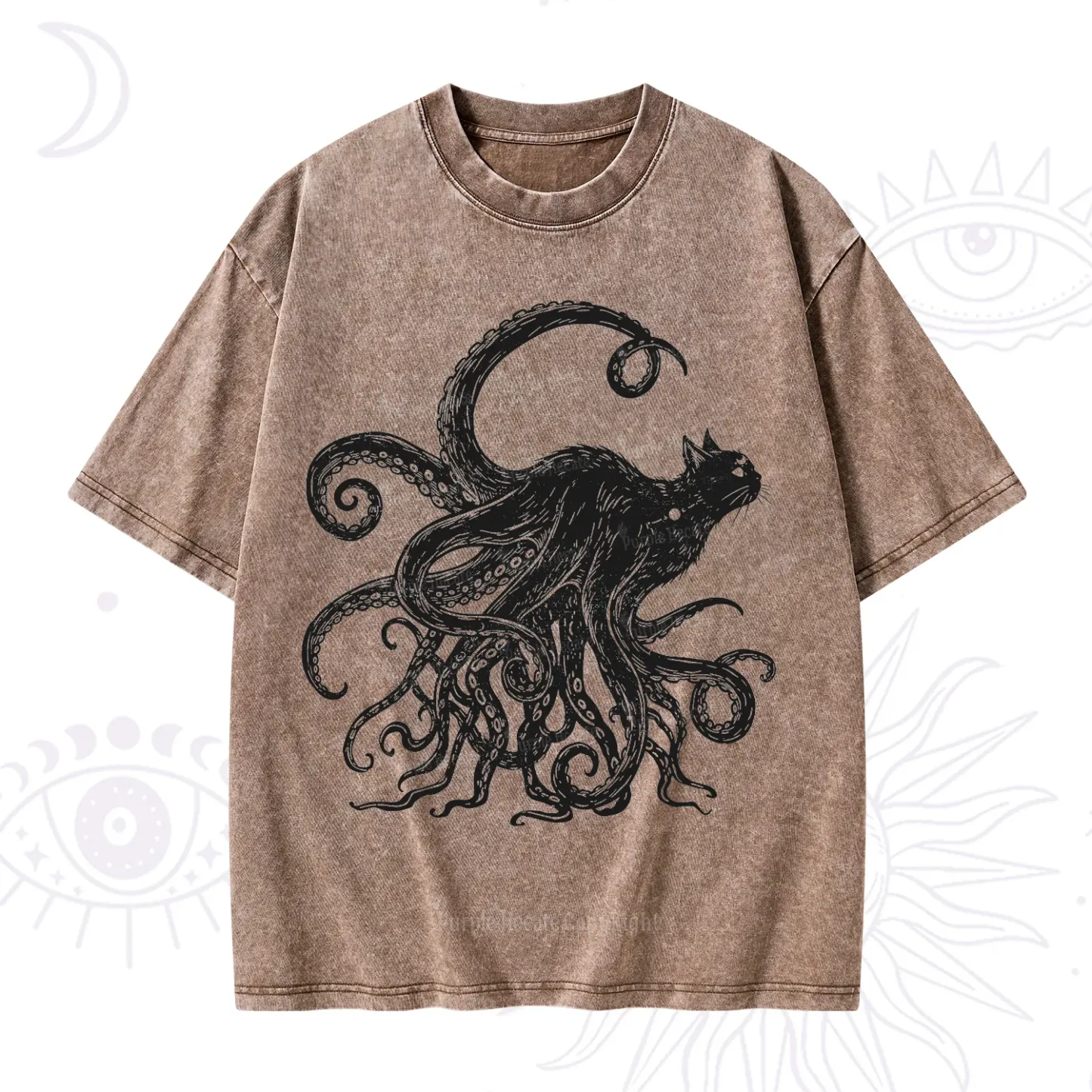 Purplehecate Black Cat with Octopus Tentacles Washed T-Shirt