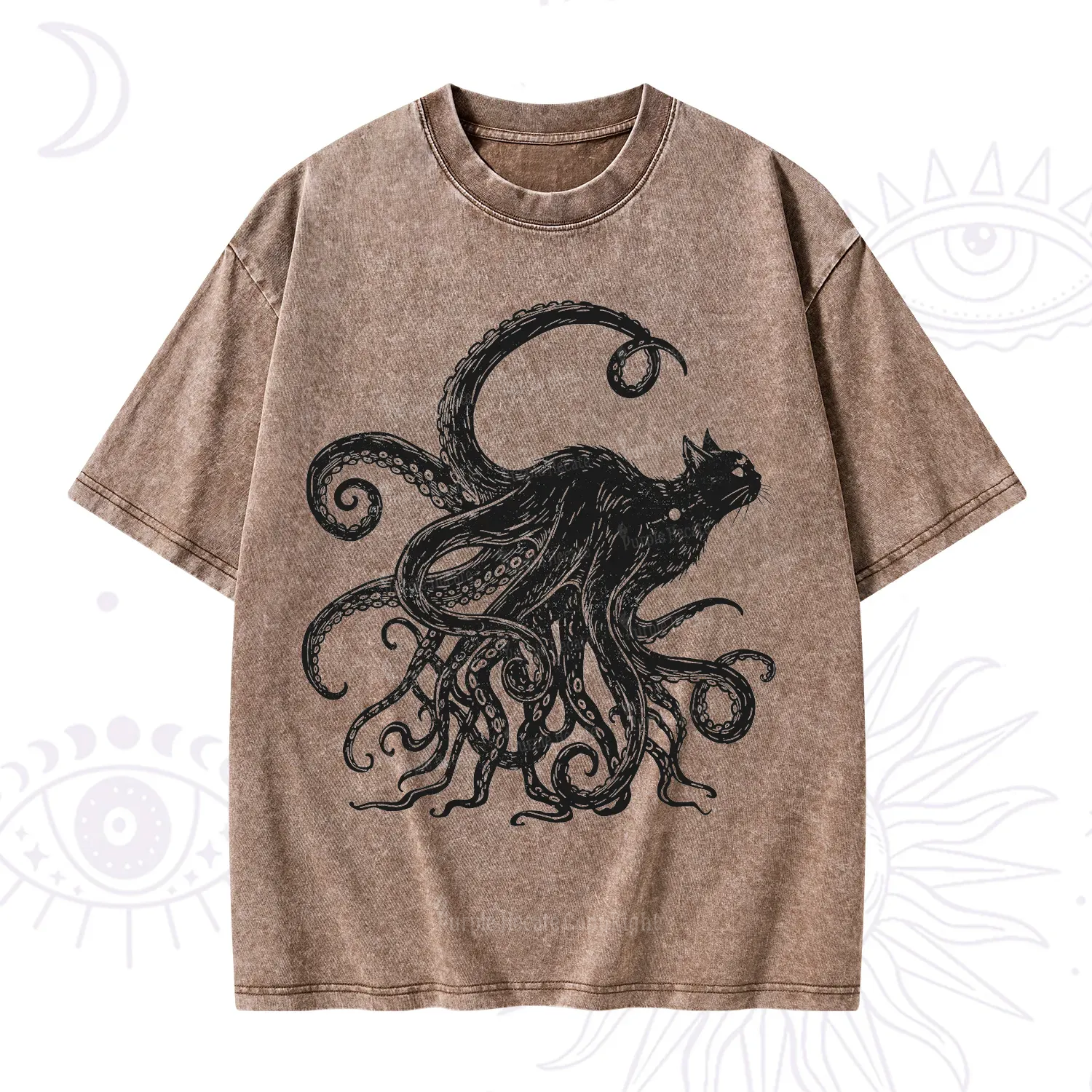 Purplehecate Black Cat with Octopus Tentacles Washed T-Shirt