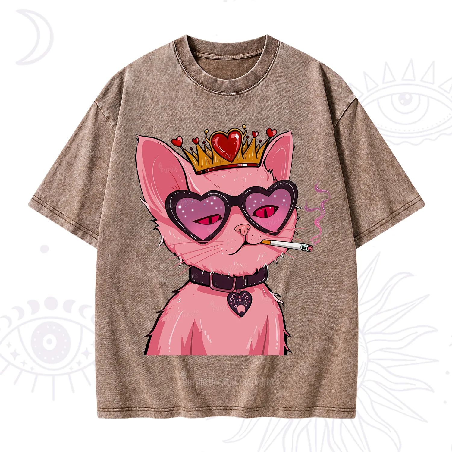 Purplehecate Bad Attitude Pink Cat Smoking Queen Washed T-Shirt
