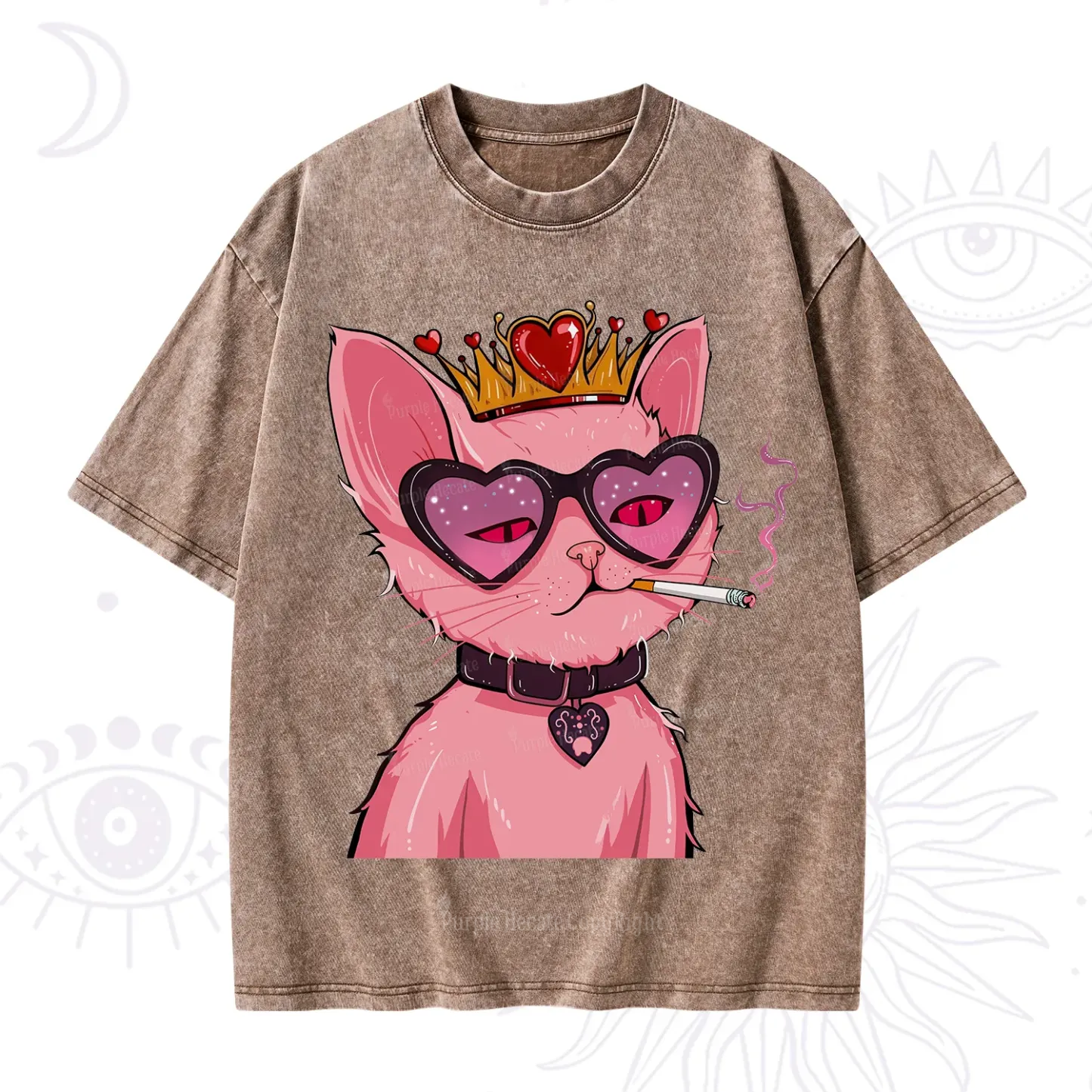 Purplehecate Bad Attitude Pink Cat Smoking Queen Washed T-Shirt