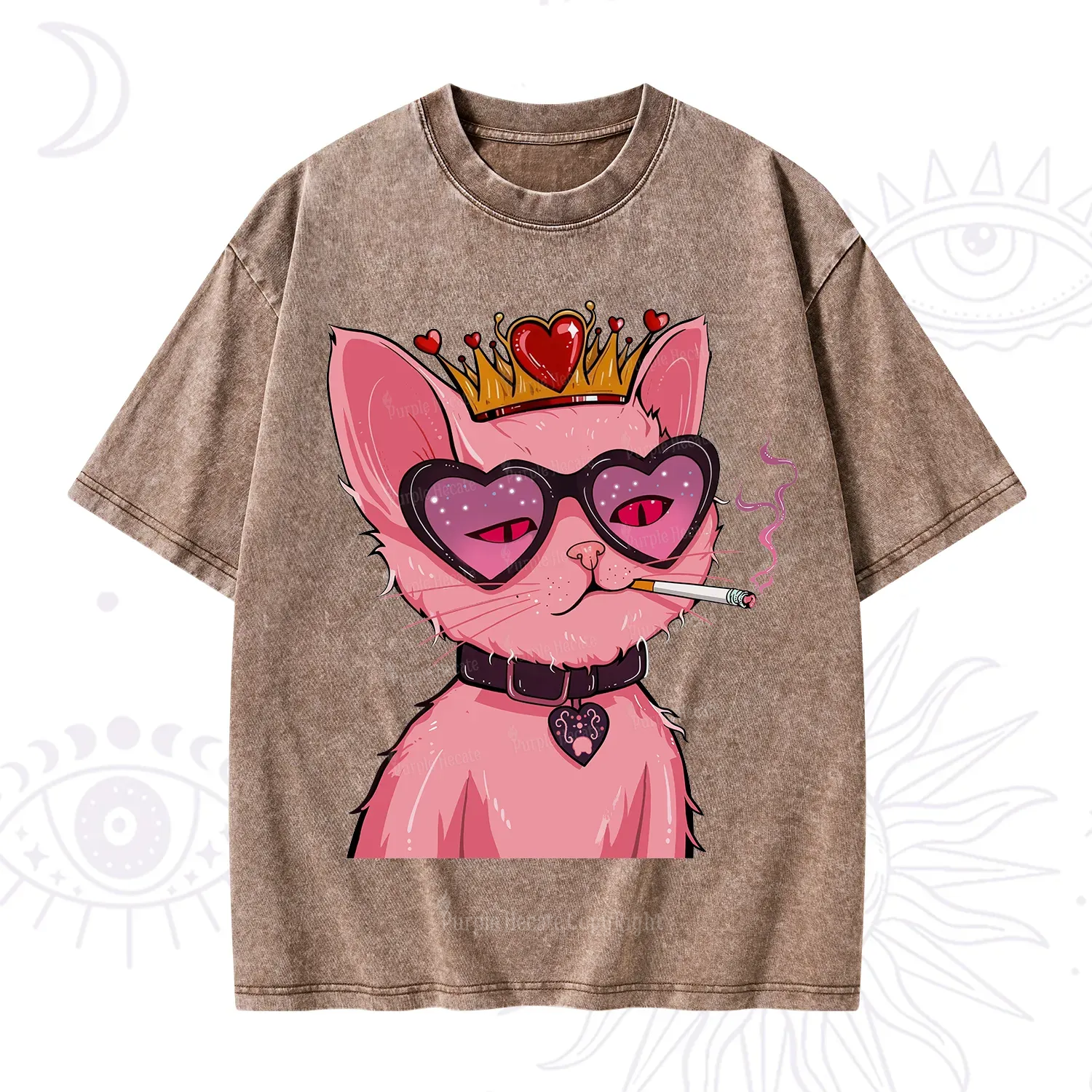 Purplehecate Bad Attitude Pink Cat Smoking Queen Washed T-Shirt