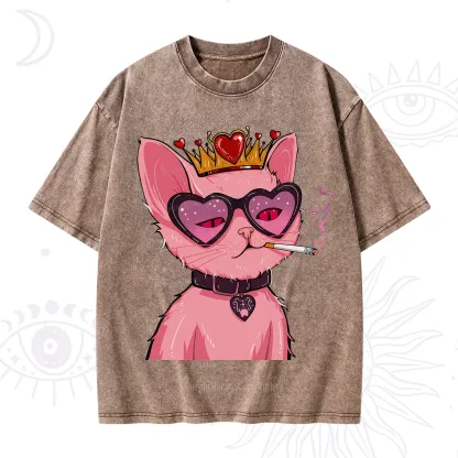 Purplehecate Bad Attitude Pink Cat Smoking Queen Washed T-Shirt
