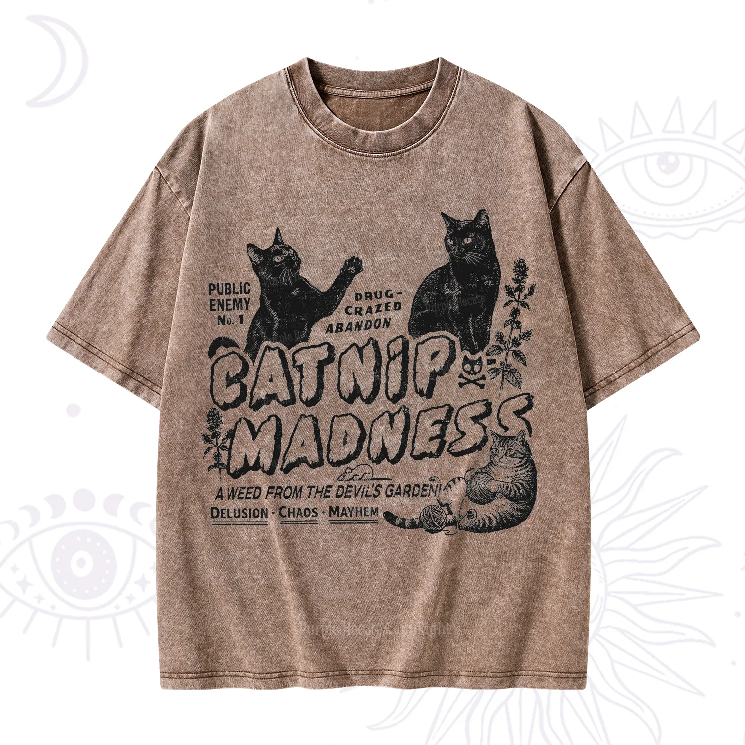Purplehecate Catnip Madness Cute Cat Washed T-Shirt