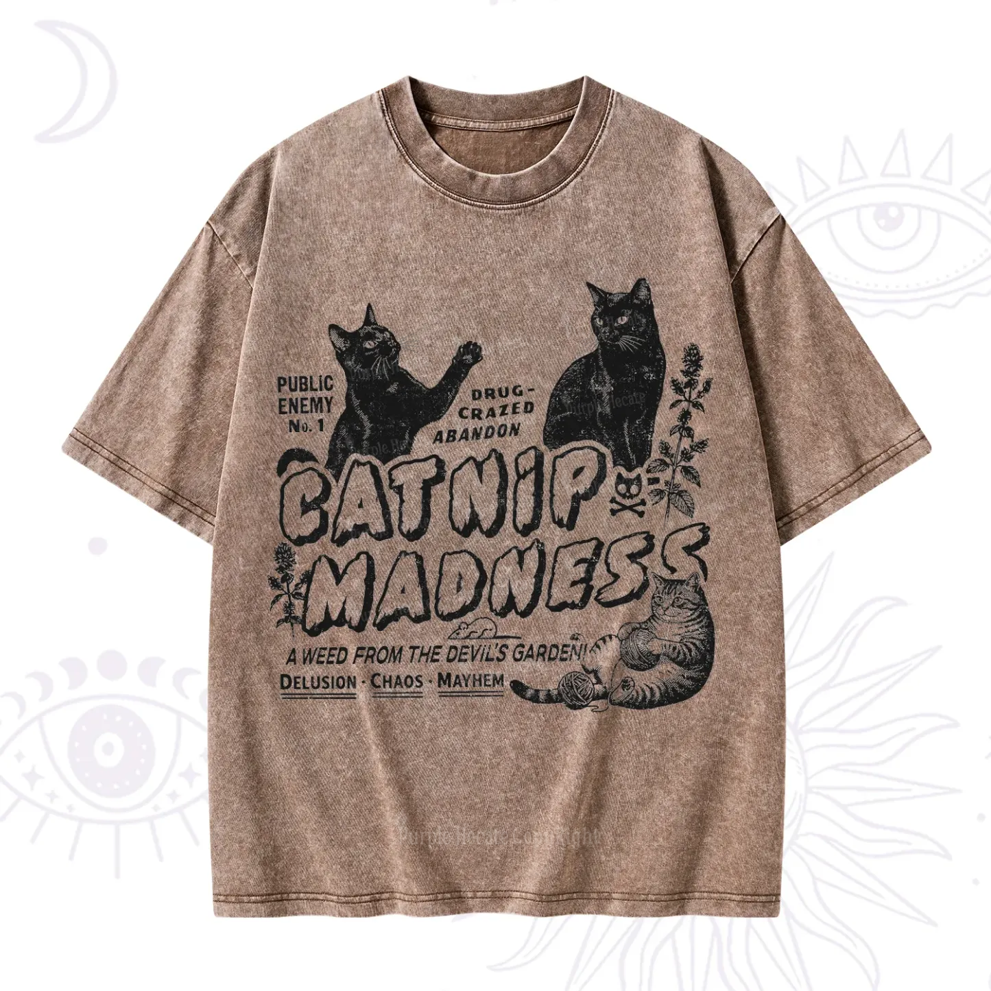 Purplehecate Catnip Madness Cute Cat Washed T-Shirt
