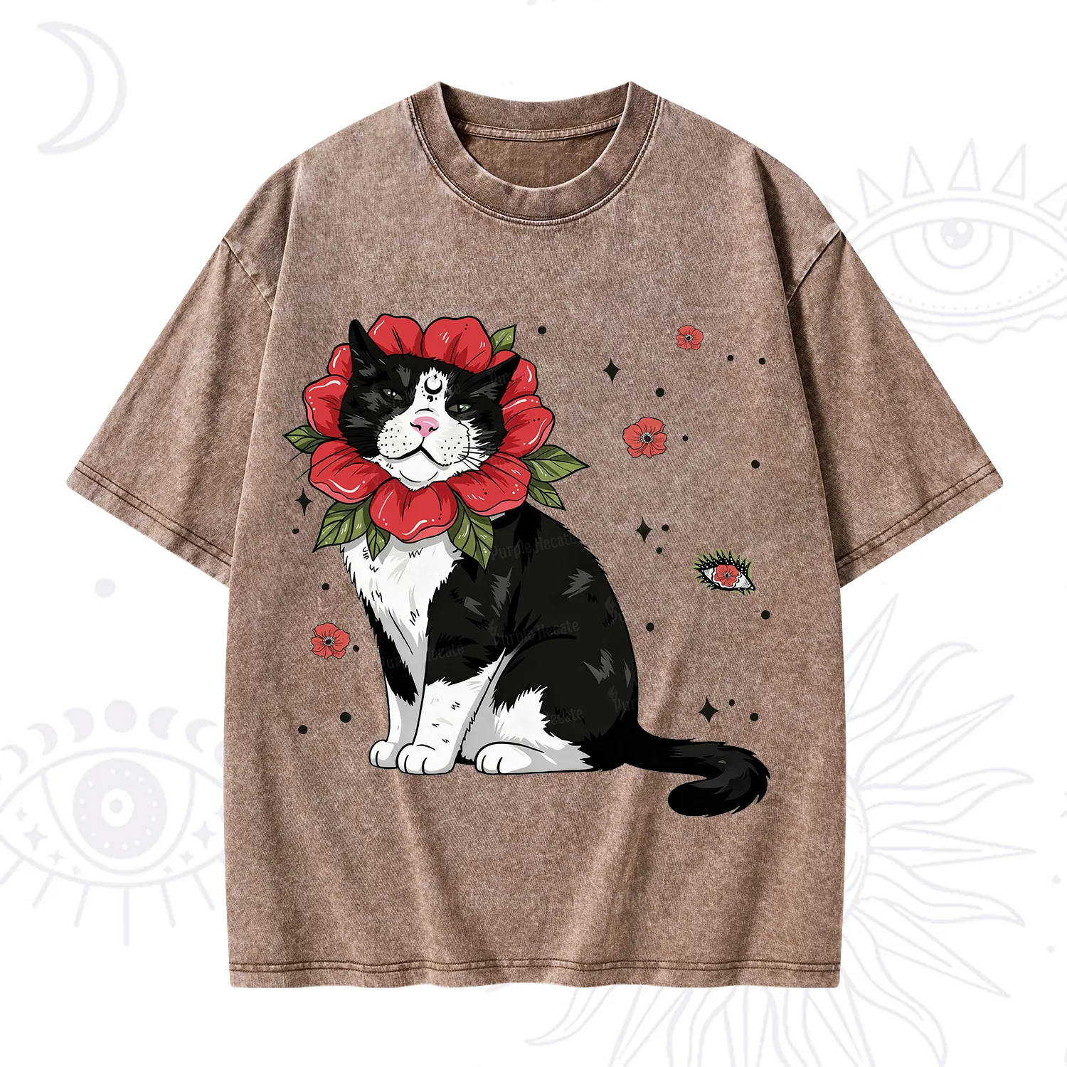 Purplehecate Cat in Flower Crown Washed T-Shirt