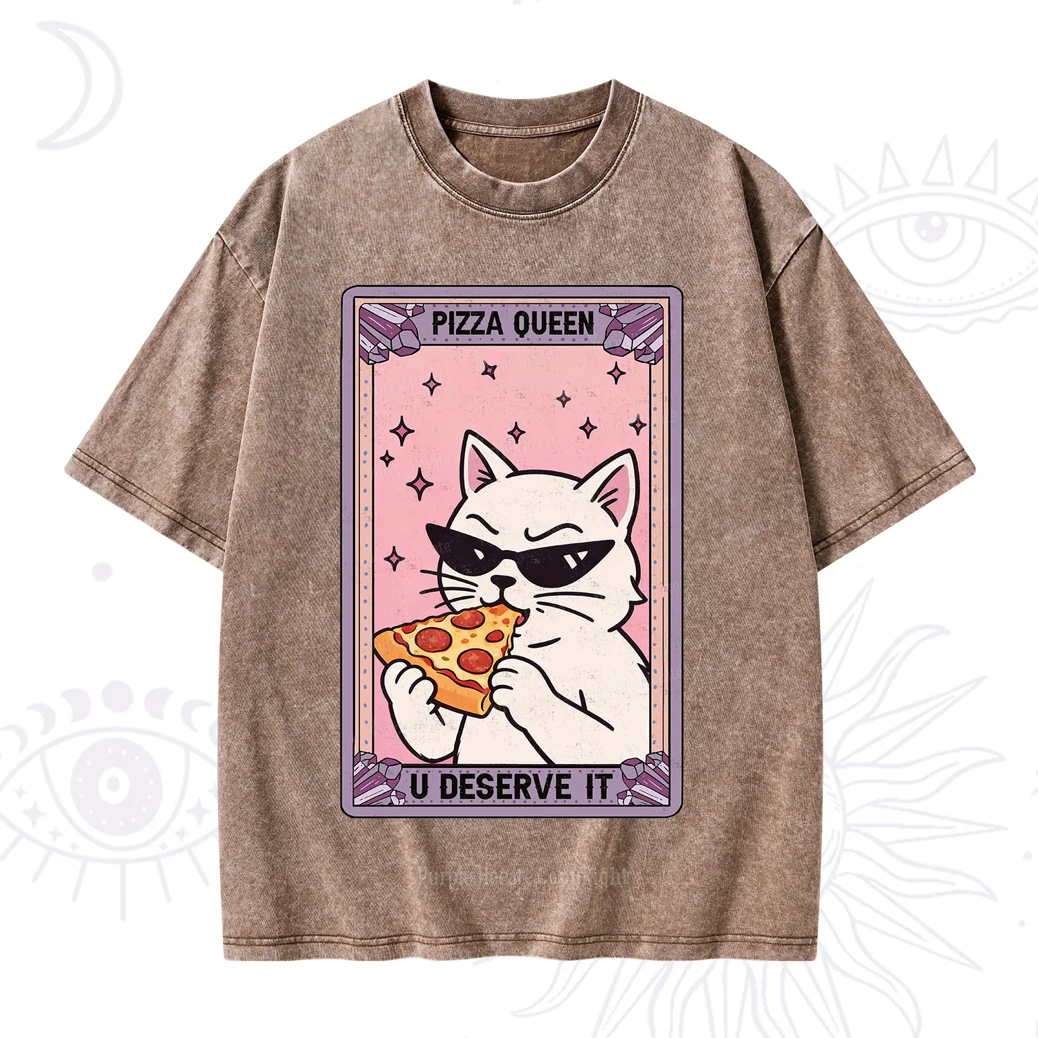 Purplehecate The Pizza Queen Cat Tarot Washed T-Shirt