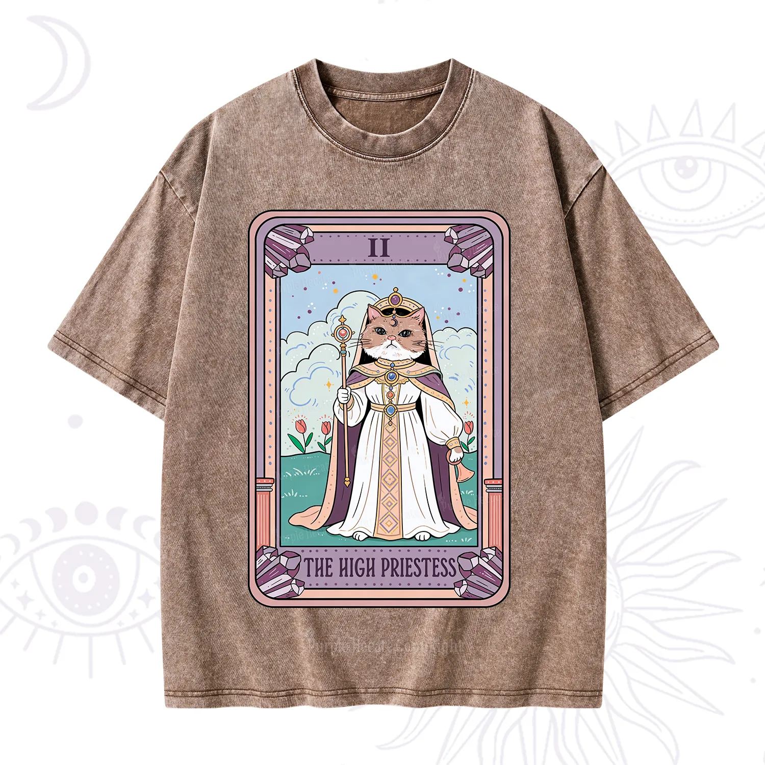 Purplehecate The High Priestess Cat Tarot Washed T-Shirt