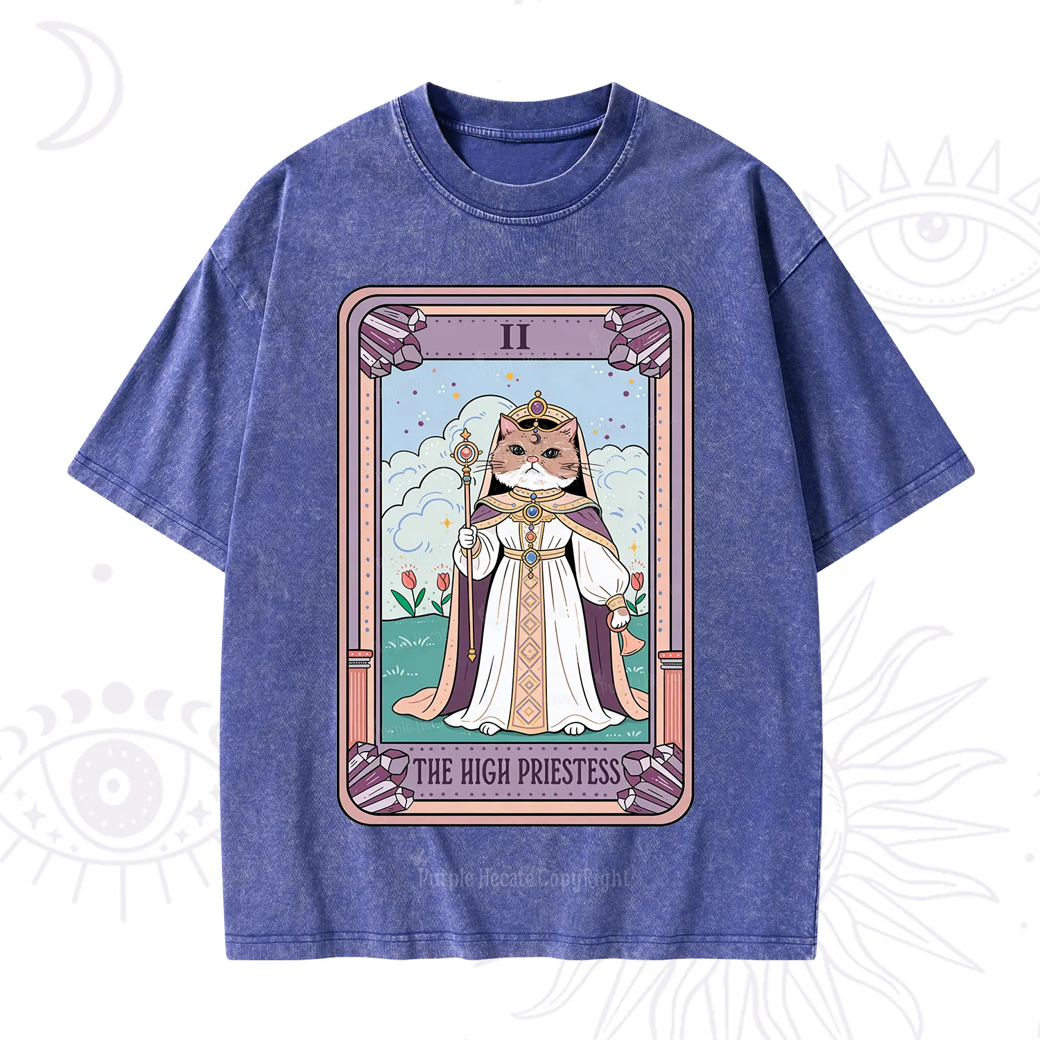 Purplehecate The High Priestess Cat Tarot Washed T-Shirt