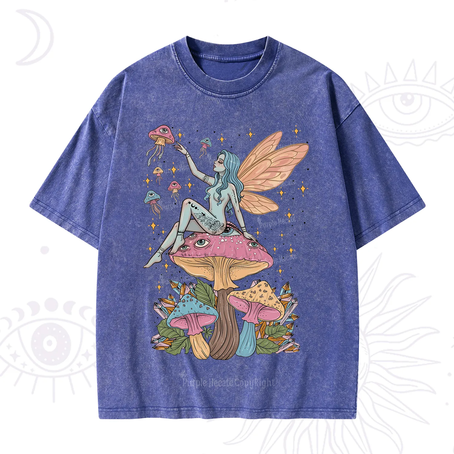 Purplehecate Celestial Fairy on Mushroom Washed T-Shirt