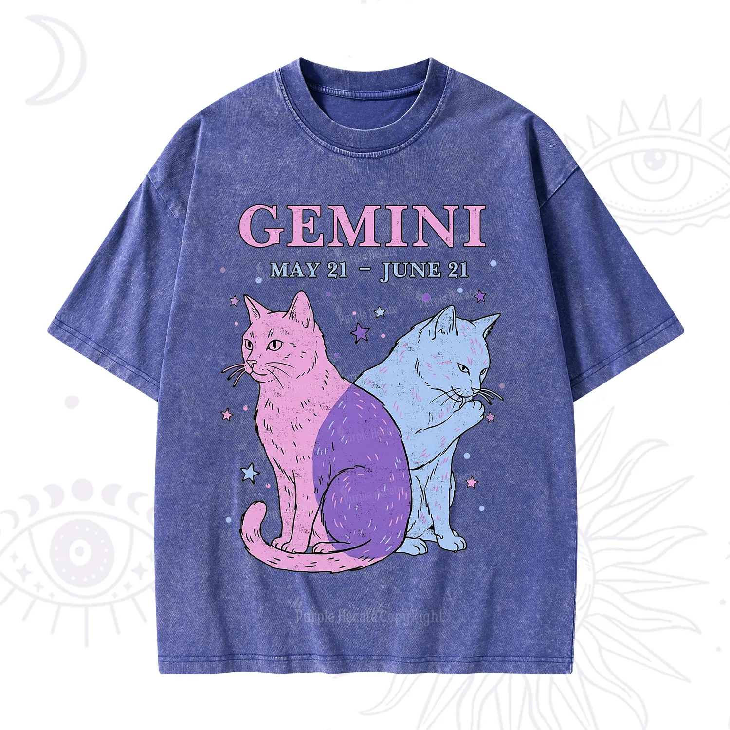 Purplehecate Gemini Zodiac Cats Washed T-Shirt