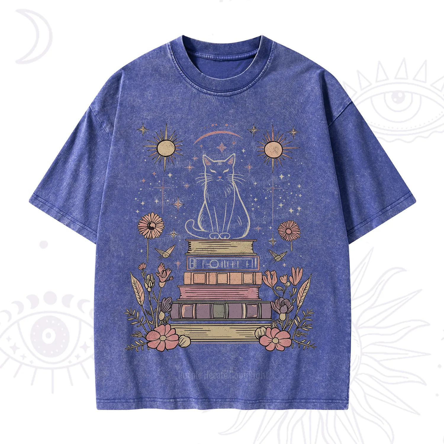 Purplehecate Mystical Cat Reading a Witchy Book Washed T-Shirt
