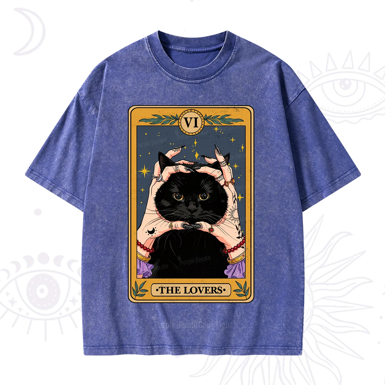 Purplehecate Black Cat The Lovers Tarot Card Washed T-Shirt