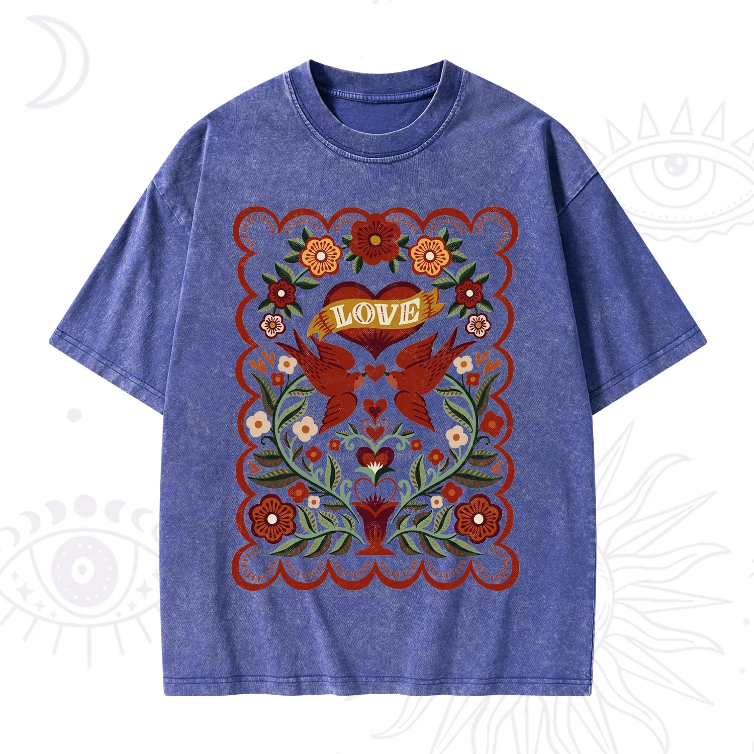 Purplehecate Folk Love Birds Floral Washed T-Shirt