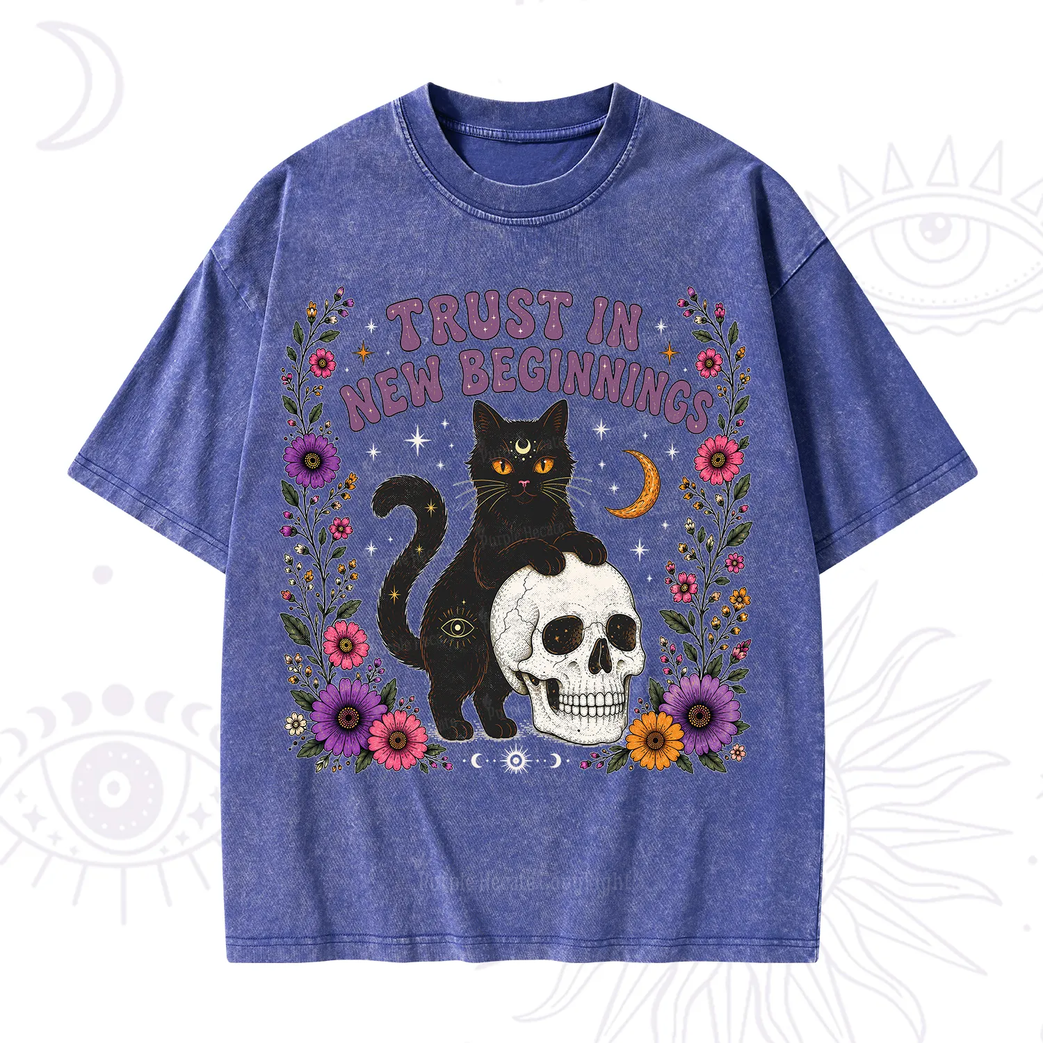 Purplehecate Trust in New Beginnings Black Cat Washed T-Shirt