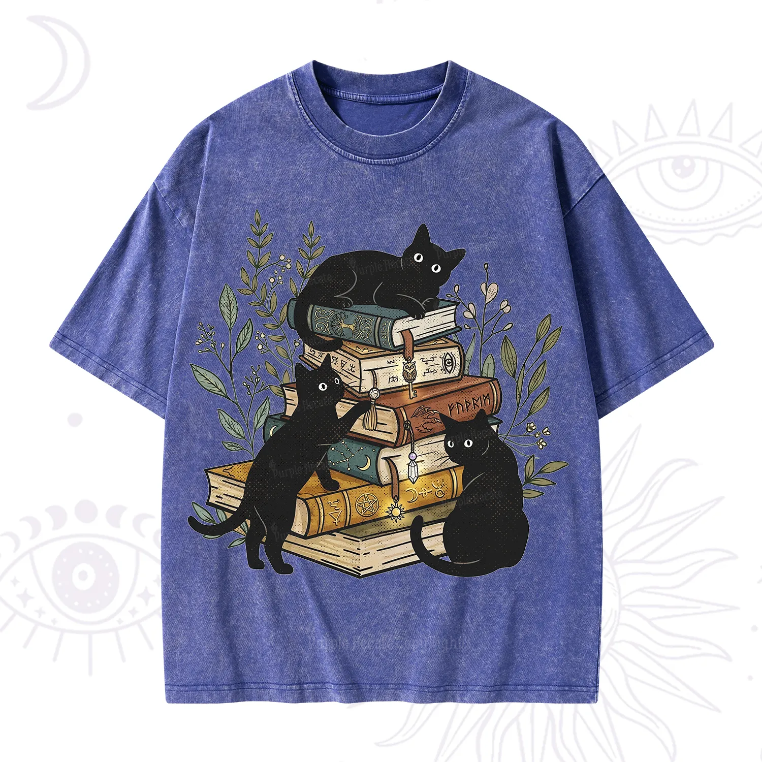 Purplehecate Enchanted Library Three Black Cats Washed T-Shirt