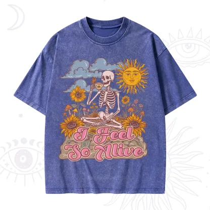 Purplehecate I feel So Alive Dancing Sarcastic Skeleton Washed T-Shirt
