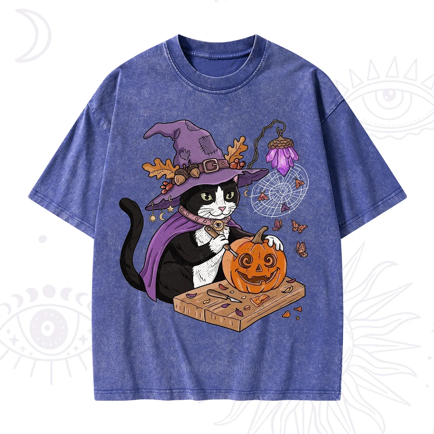 Purplehecate Pumpkin Carving Witch Cat Washed T-Shirt