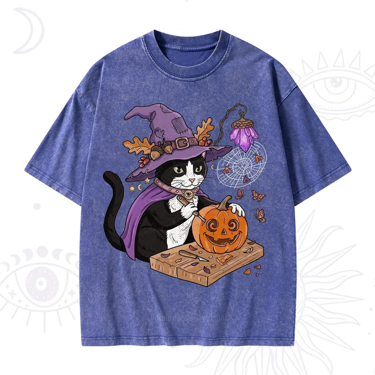 Purplehecate Pumpkin Carving Witch Cat Washed T-Shirt