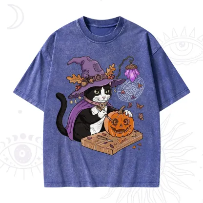 Purplehecate Pumpkin Carving Witch Cat Washed T-Shirt
