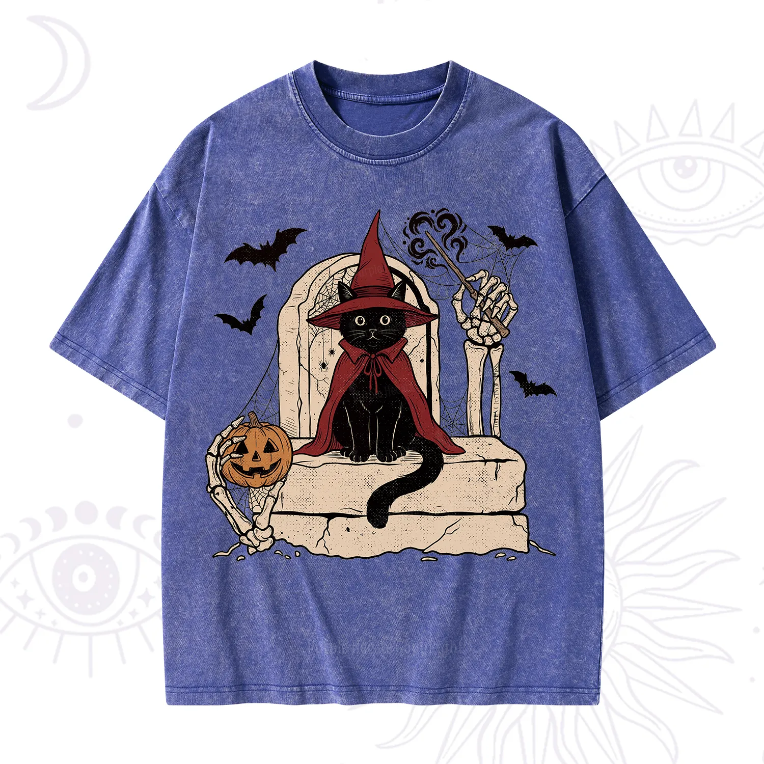 Purplehecate Wizard Black Cat on the Tombstone Halloween Washed T-Shirt