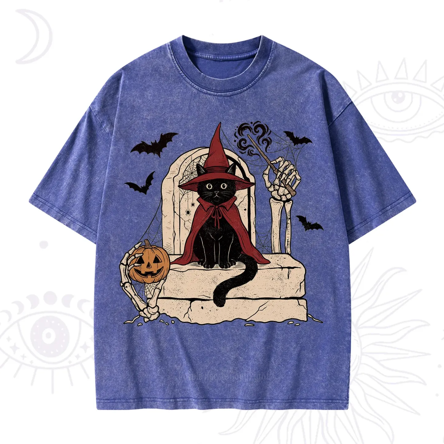 Purplehecate Wizard Black Cat on the Tombstone Halloween Washed T-Shirt