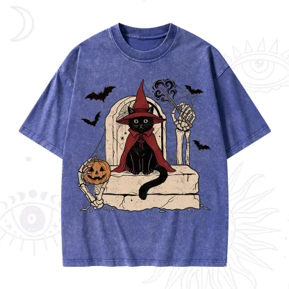 Purplehecate Wizard Black Cat on the Tombstone Halloween Washed T-Shirt