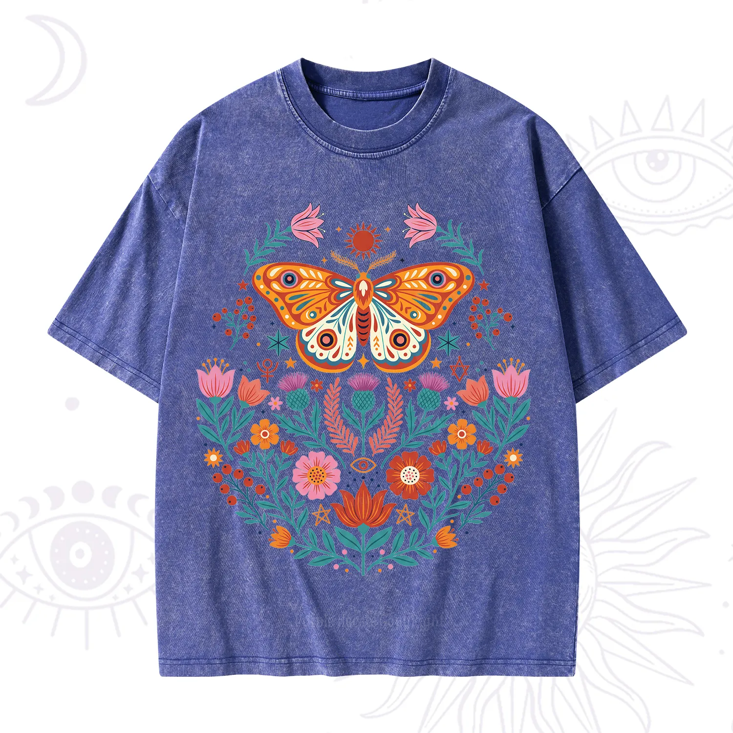 Purplehecate Boho Colorful Celestial Moth Washed T-Shirt