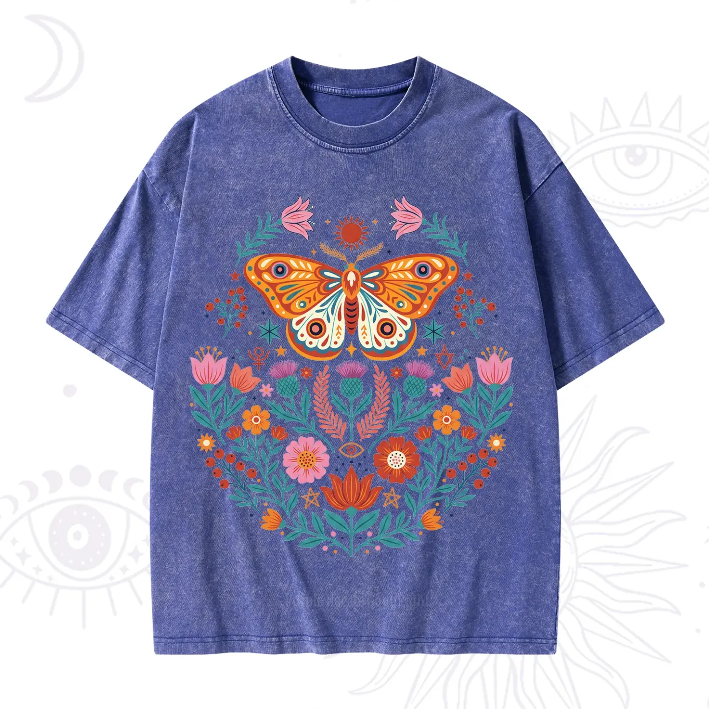 Purplehecate Boho Colorful Celestial Moth Washed T-Shirt