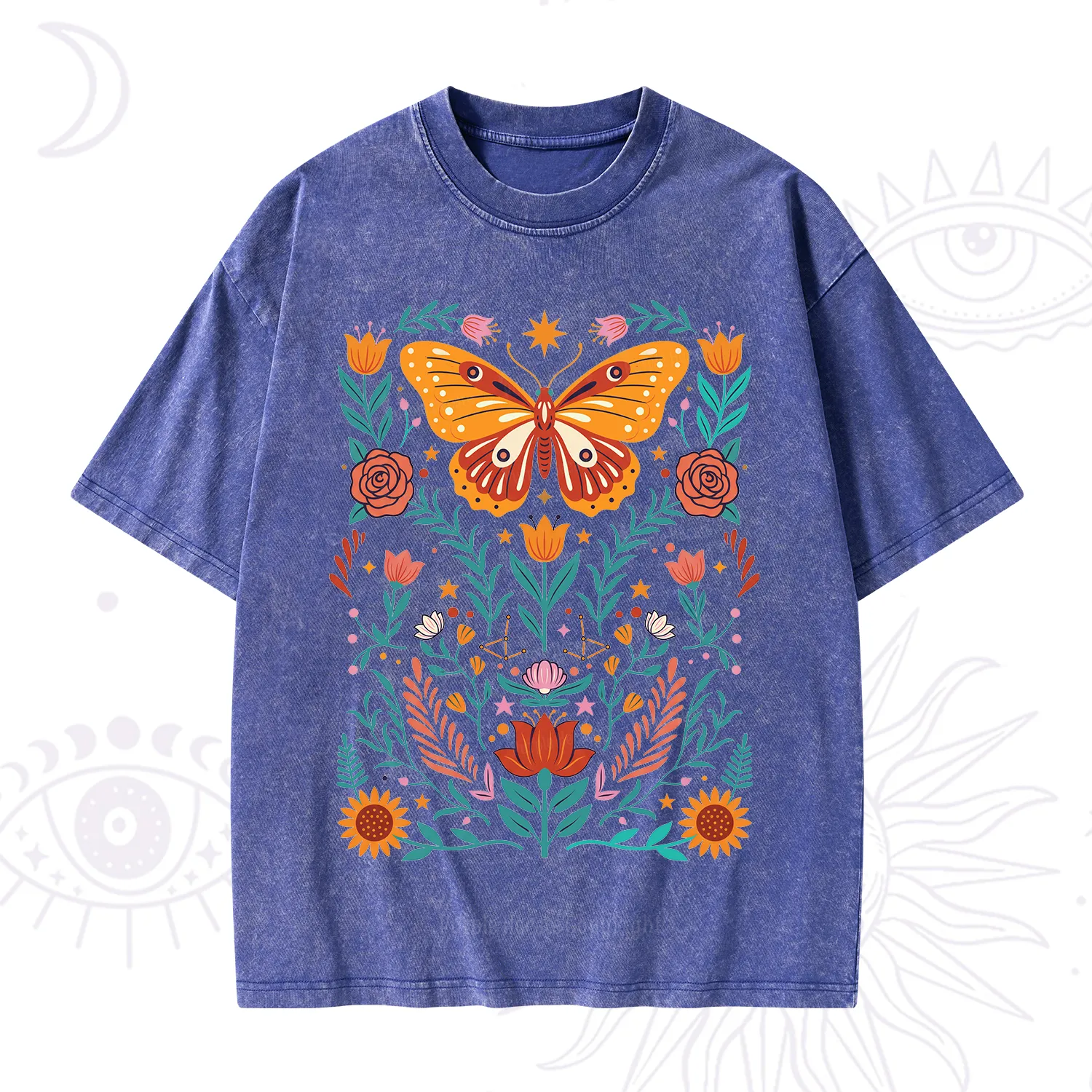 Purplehecate Boho Colorful Celestial Butterfly Washed T-Shirt