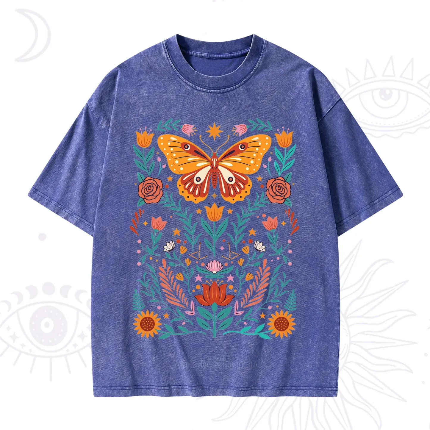 Purplehecate Boho Colorful Celestial Butterfly Washed T-Shirt