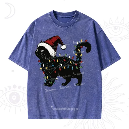 Purplehecate Cute Cat Christmas Washed T-Shirt