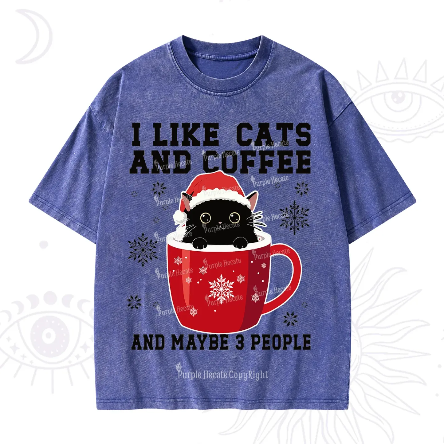 Purplehecate I like Cats And Coffee Christmas Washed T-Shirt