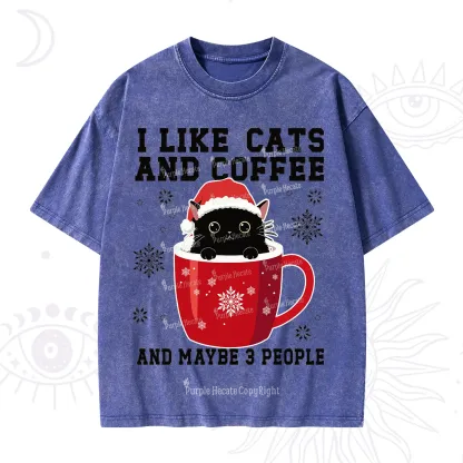 Purplehecate I like Cats And Coffee Christmas Washed T-Shirt