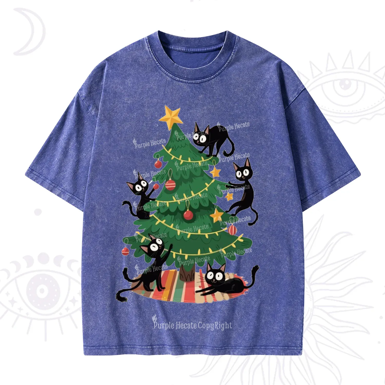 Purplehecate Black Cat in Tree Christmas Washed T-Shirt