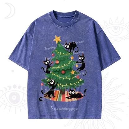 Purplehecate Black Cat in Tree Christmas Washed T-Shirt